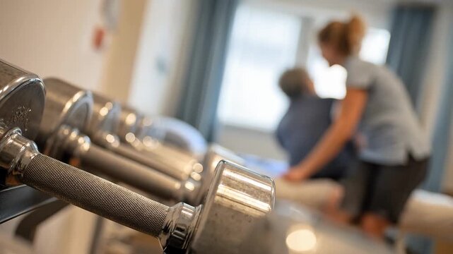 Medium view of a therapy room focused on a rack of hand weights for upper limb rehab weights in sharp focus with a blurred physiotherapist assisting a patient in the background.