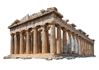 Obraz premium Ancient Greek Parthenon temple with Doric columns and stone facade isolated on a transparent background