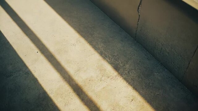 Sunlight casting strong, distinct parallel shadows across a rough, textured concrete surface, creating a minimalist and abstract pattern of light and dark