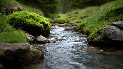 Obraz premium A clear refreshing stream flows gently over rocks and through a lush green forest landscape