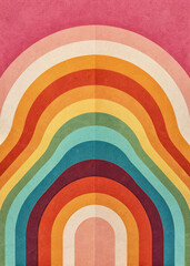 Obraz premium Organic rainbow arches with flowing layered curves, abstract retro composition in warm earthy colors, soft textured geometric art design with playful midcentury mood