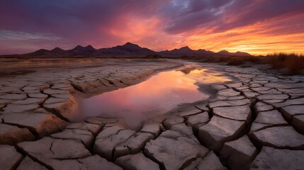 Sunset Over Cracked Desert Landscape with Small Silhouette &mdash; Dramatic Arid Scene sunrise over the river