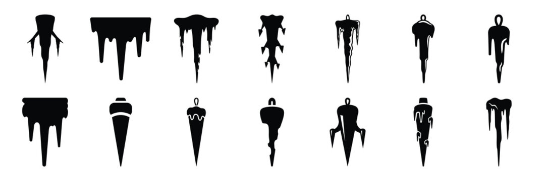christmas  icicle decoration icon set silhouette on black colour and white background. Holiday silhouette vector icons.
