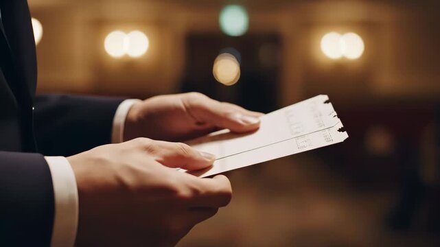 Close-up of man's hands holding two tickets for a theater or cinema event. Person in formal suit with admission passes in a lobby with bokeh lights. Date night and entertainment concept