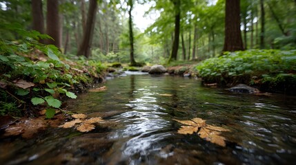 Obraz premium A tranquil forest stream flows gently with fallen leaves floating on its clear rippling surface surrounded by lush green foliage