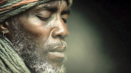 A close-up portrait of an elderly African man with a gray beard and head wrap, eyes closed, captured in a quiet, contemplative moment with soft, atmospheric light.