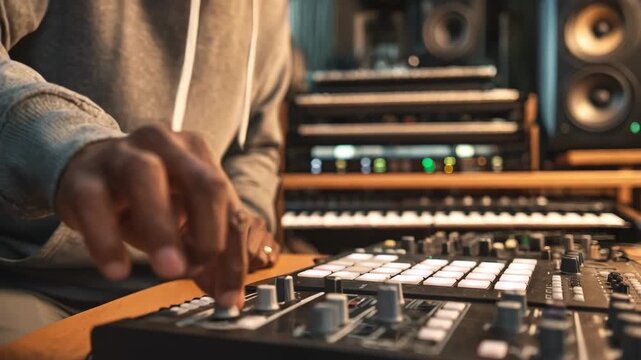 Hiphop beatmaker programming drum patterns on a MIDI controller main focus on hands with blurred synthesizers and studio monitors around.