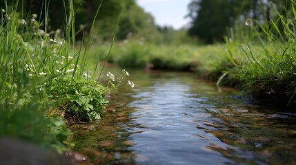 A clear shallow stream flows gently through a sunlit green meadow filled with grass and small white wildflowers
