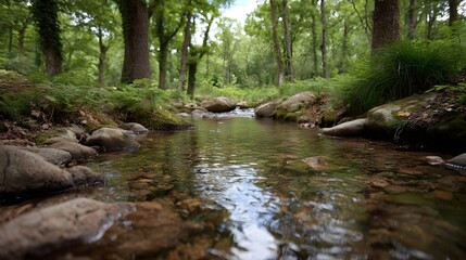 Obraz premium A clear forest stream flows gently over mossy rocks amidst lush green trees and vibrant foliage