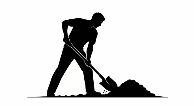 Silhouette of a man digging with a shovel in soil.