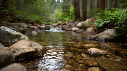 A clear shallow forest brook with water gently rippling over a bed of colorful stones and rocks surrounded by lush green foliage
