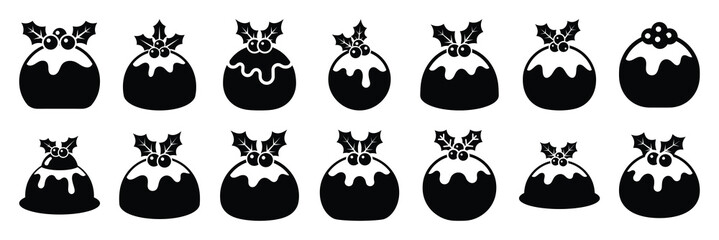 Fototapeta premium christmas pudding icon set silhouette on black colour and white background. Holiday silhouette vector icons.