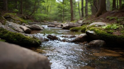 A clear stream flows over mossy rocks in a lush green forest