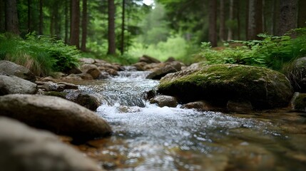 Obraz premium A clear forest stream flows over mossy rocks surrounded by lush green trees and vegetation