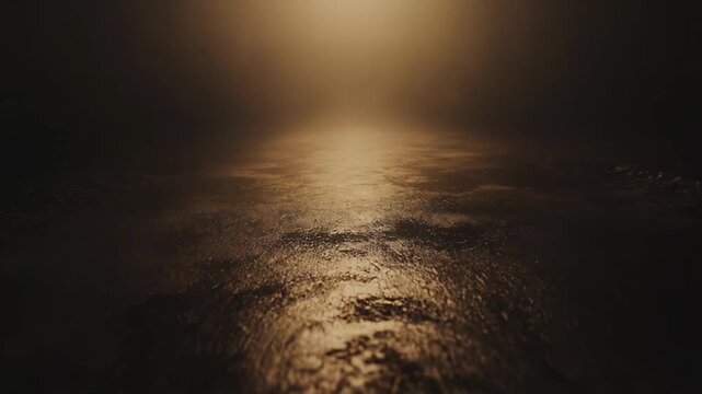 Abstract background capturing a dark, wet, textured surface reflecting a distant, emanating light source, creating a sense of a foggy path or unknown journey