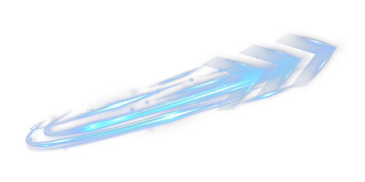 Blue glowing speed arrows with light trails and motion blur on transparent background.