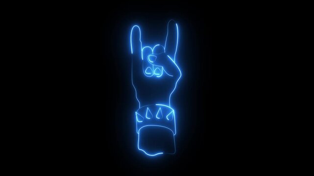 glowing neon rock and roll hand icon animation on black background. rock and roll hand icon. neon Hand gesture signifying rock music in style. club sign board social media motion design element.