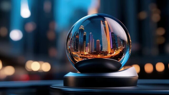 Snow globe with a glowing miniature modern cityscape and reflective glass sphere on a table, set against an out of focus urban night skyline creating contrast between tiny and vast	