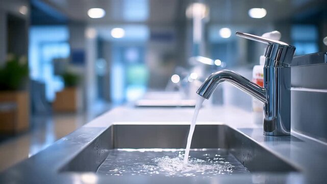 Medium shot of a clinical handwashing sink with touchless faucet and soap dispenser background softly blurred highlighting clean hygiene protocol in a medical hallway setting.