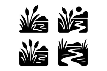 Naklejka premium Minimalist graphic symbols depicting wetland plants and winding water streams