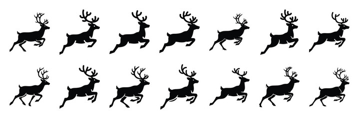 christmas  reindeer running icon set silhouette on black colour and white background. Holiday silhouette vector icons. © Bemol