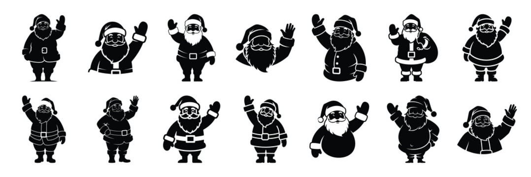 christmas  santa  waving icon set silhouette on black colour and white background. Holiday silhouette vector icons.