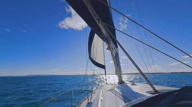 Valencia sailboat sailing on Mediterranean Sea with sun reflections