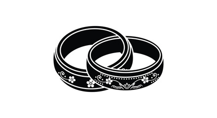Two intertwined wedding rings displaying floral details are depicted in a striking black silhouette high quality professional detailed modern elegant stylish © Ashik