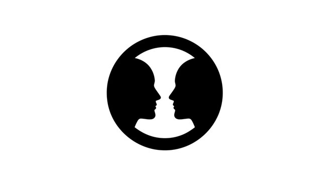 Black and white optical illusion of two faces in a circle.