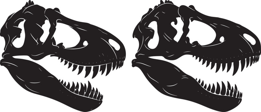 Ferocious Tyrannosaurus Rex skull illustration, black silhouette of prehistoric dinosaur head. Ancient reptile and fossil.