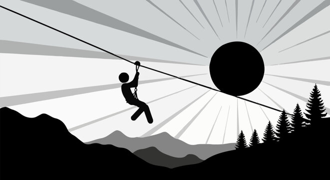 Silhouette of person ziplining across sunlit sky over mountains.