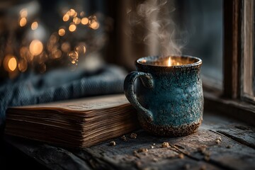 Teal Mug and Flickering Candle Setup with Open Pages &mdash; Calm Cozy Scene cup of coffee on wooden table