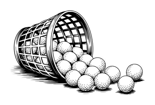 Black and white of a basket of golf balls spilling out onto a white background sport game