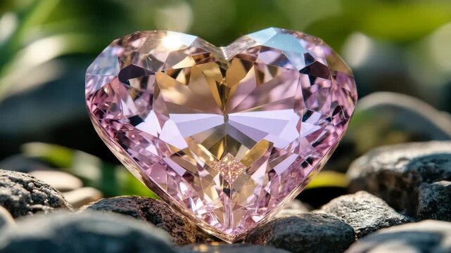 A heart-shaped, faceted gem rests among rocks, showcasing light refraction and a natural background