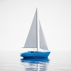 Fototapeta premium Low-poly blue sailboat on calm water