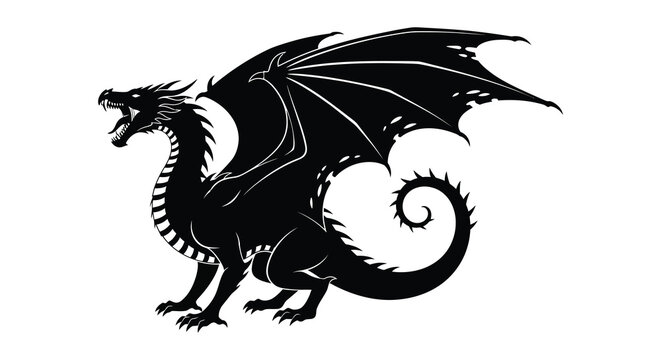 A striking black dragon is depicted in a dynamic pose wings spread and mouth open creating a bold silhouette high quality