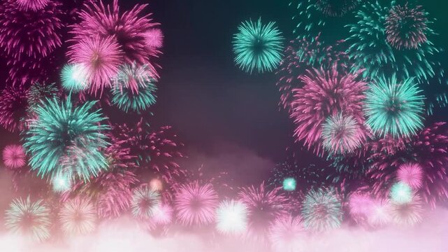 Pink and teal pastel fireworks gently dissolving into foggy sky with soothing gradients