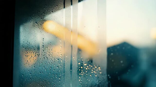 Water drops accumulating on a glass surface, forming a textured pattern against a blurred background, evoking feelings of rain and atmospheric weather