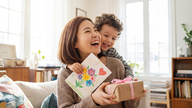 Young son smiling giving handmade greeting card and gift to his Asian mother, hugging her behind. Family bonding, childhood creativity, love, care and cozy home atmosphere.