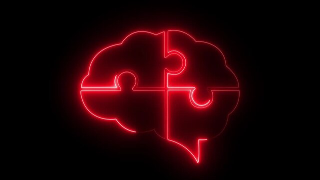 glowing neon brain puzzle icon isolated on black background. brain icon symbolizing intelligence and problem solving against. 4k motion video.