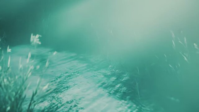 Ethereal green foliage catching light rays, creating an atmospheric and mysterious path through a misty forest environment, evoking feelings of serenity and a hidden journey