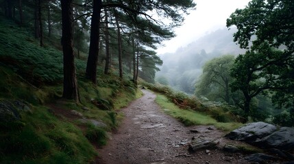 Obraz premium A misty forest path winds uphill along a lush green hillside with trees and distant hazy mountains