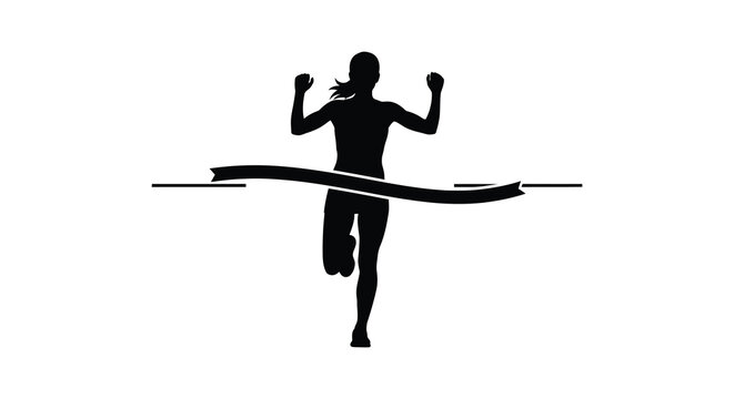 A female runner triumphantly crosses a finish line arms raised in victory depicted as a striking silhouette high quality professional detailed