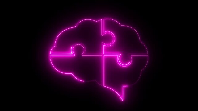 glowing neon brain puzzle icon isolated on black background. brain icon symbolizing intelligence and problem solving against. 4k motion video.