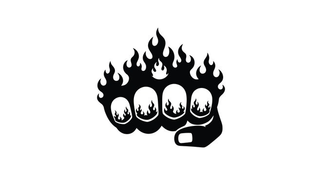 A striking black silhouette depicts a hand formed by flames and knuckles resembling brass knuckles silhouette high quality professional detailed modern