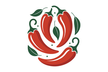 Vibrant red chili peppers with green leaves in a circular pattern design element pepper