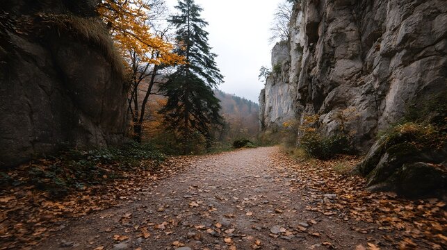 A dirt path covered in fallen autumn leaves winds through a gorge with rocky cliffs