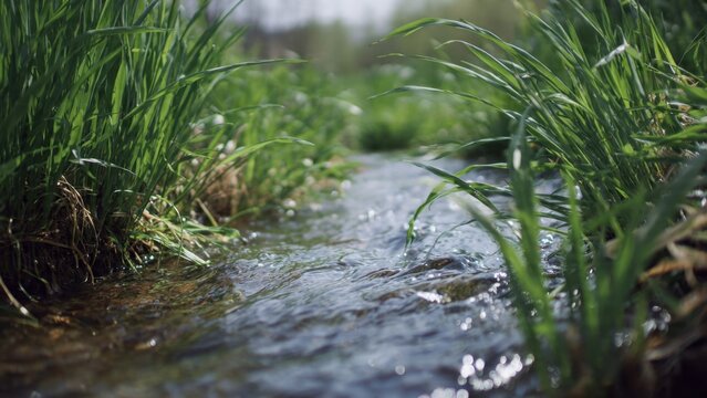 Babbling brook with lush green grass