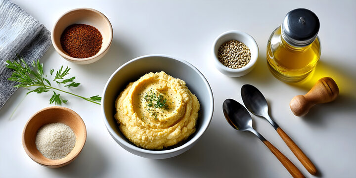 Bowl of creamy hummus garnished with herbs, surrounded by spices, olive oil, and utensils on a light surface in a kitchen setting