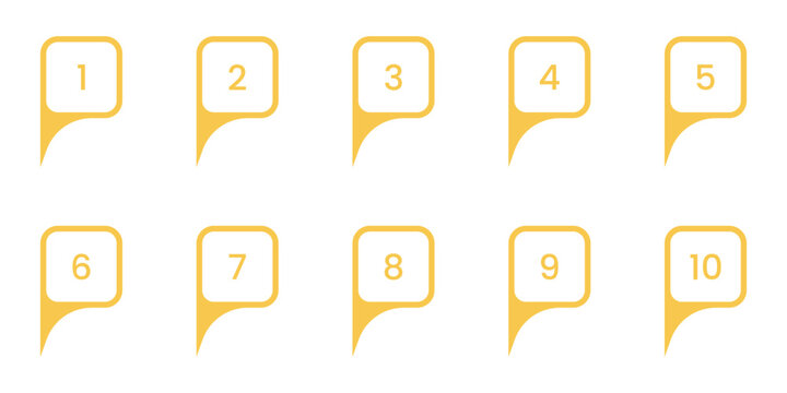 Yellow Location Pin Icon Set. Map Pin with Number. Gold Pointer Icons Collection. Isolated Vector Illustration
